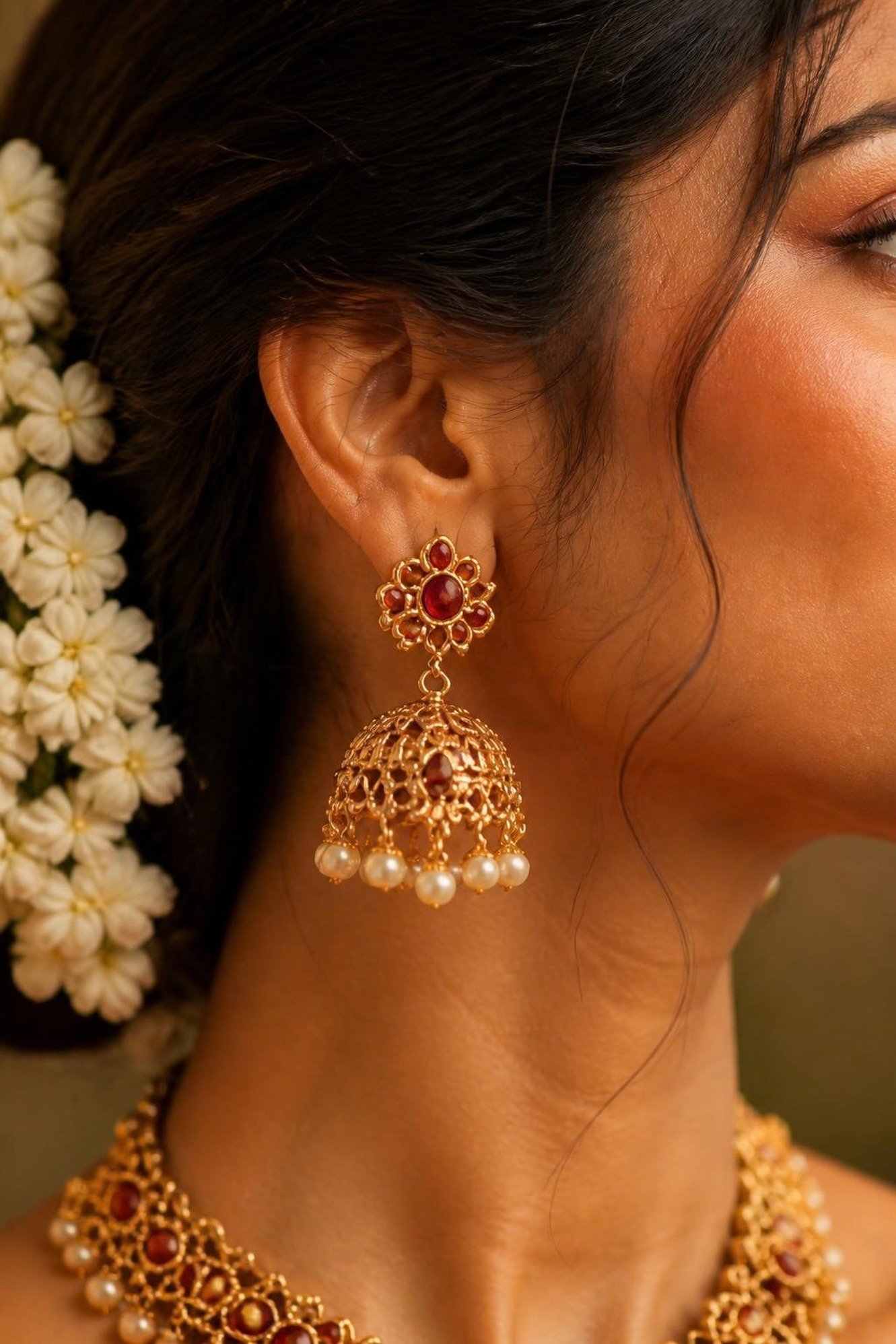 Ruby and gold jhumka drop earring on model