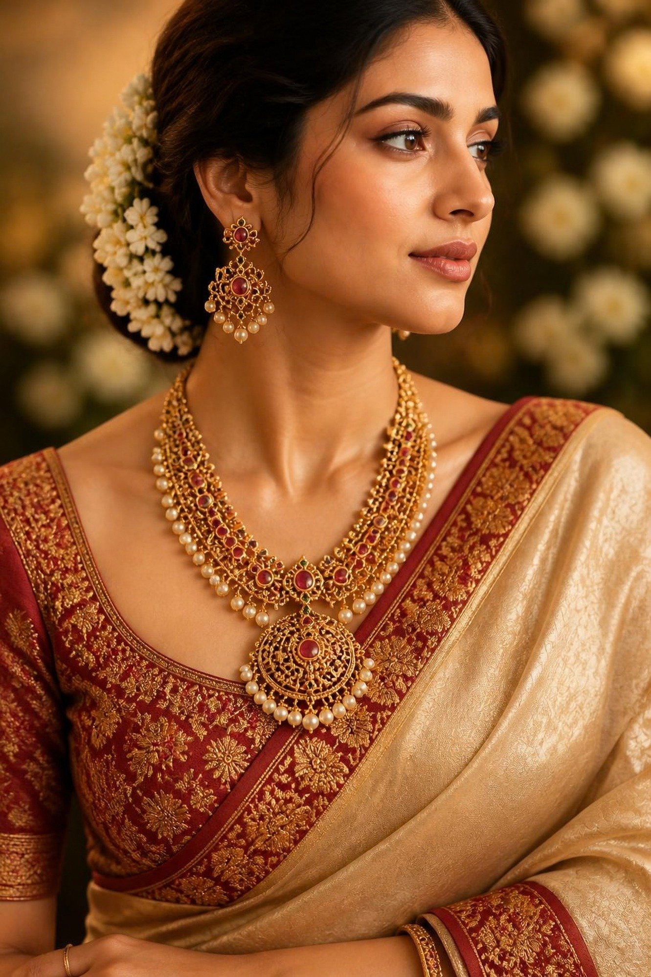 Model wearing a new-season gold necklace and bangle