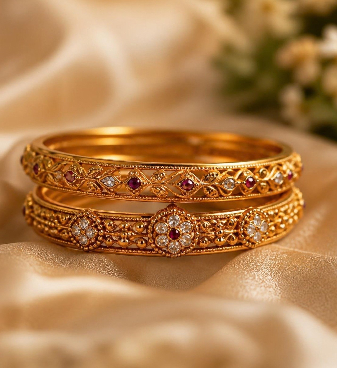 Stack of textured gold bangles with ruby and stone detailing