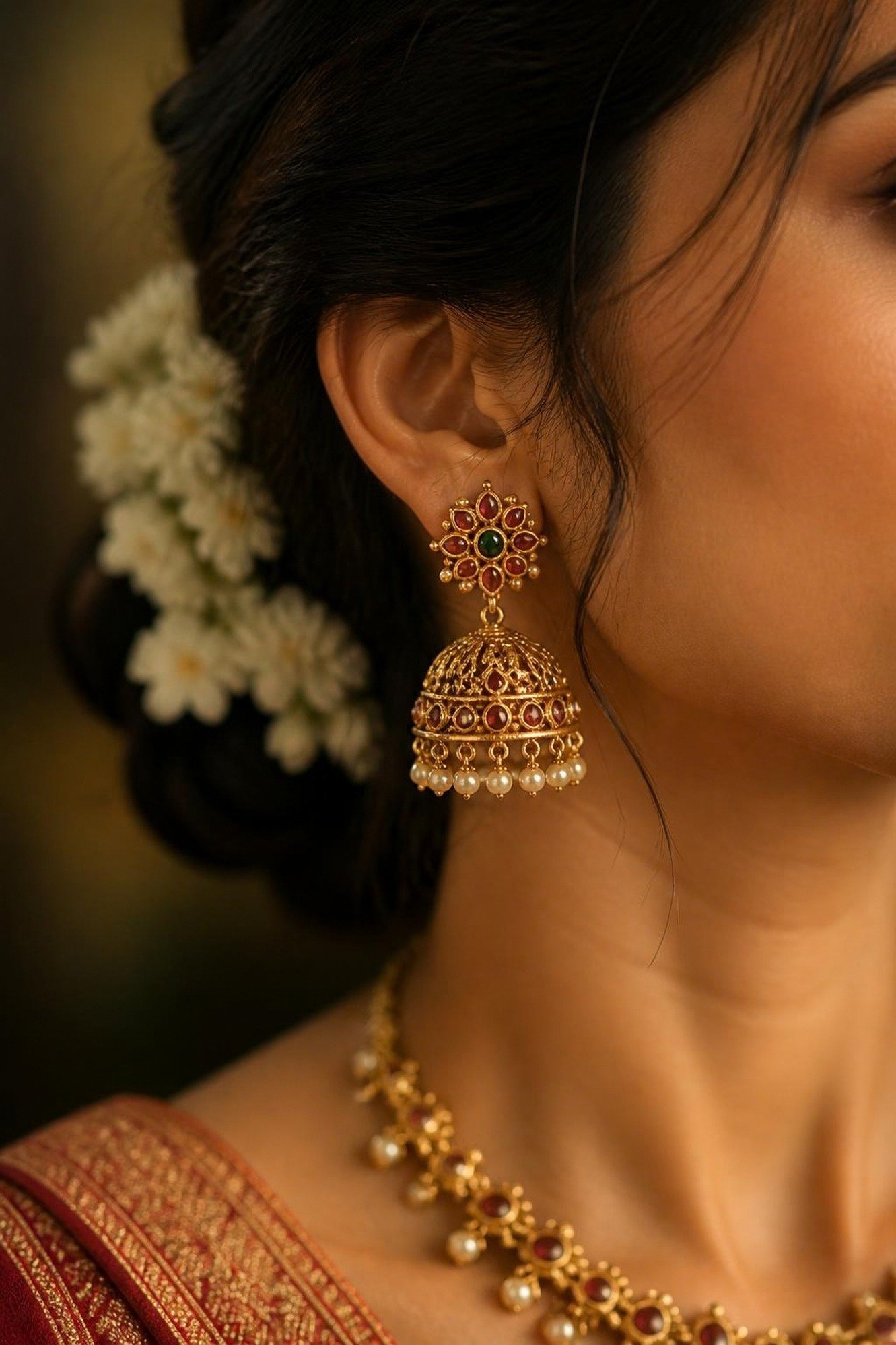 Gold drop earring on model, close-up